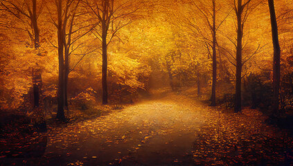 Wall Mural - Misty evening in autumn park, golden trees along the alley. Generative AI illustration