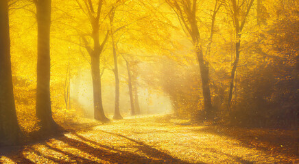 Wall Mural - park alley perspective in autumn, golden trees lit by bright sunshine, falling leaves. generative ai