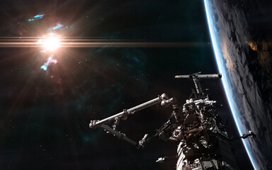 Wall Mural - iss orbiting earth in light of bright sun. science fiction. elements of this image furnished by nasa