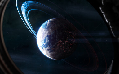 Wall Mural - habitable deep space planet. view from porthole. science fiction. elements of this image furnished b
