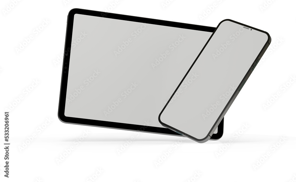 Blank screen realistic tablet frame, rotated position, side view, top view. The tablet is at different angles. Layout of a universal set of devices