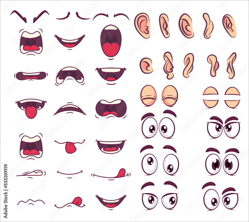 Cartoon eyes ,nose, lips comic eye staring gaze watch funny vector PART  2.eps Stock Vector | Adobe Stock, image size:1000x893
