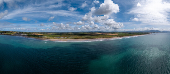 Poster - panorama aerial view of the endless golden sand beach in Ballybunion on the west coast of Ireland