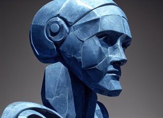 Blue marble robot head bust. Close up. Profile view. 3d illustration.