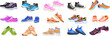 Cartoon athletic sneakers. Sport shoe pair group, fitness footwear design multicolored sneaker of active man woman walking or running comfortable footwear, neat vector illustration