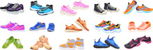 Cartoon Athletic Sneakers. Sport Shoe Pair Group, Fitness Footwear Design Multicolored Sneaker Of Active Man Woman Walking Or Running Comfortable Footwear, Neat Vector Illustration