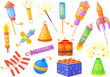 © ssstocker - Cartoon petards. Feast firecracker and fireworks, fire crackers explosion pyrotechnic fountain firework festive salute party celebration flapper confetti, neat vector illustration