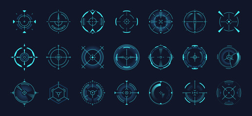 Hud target pointer. Laser crosshair collimator sight, optical aiming measurement sniper for sniper gun, aim cursor control mark military tags futuristic technology, garish vector