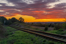 Old Non Electrified Railway Track Near Rakovnik Town In Sunset Evening