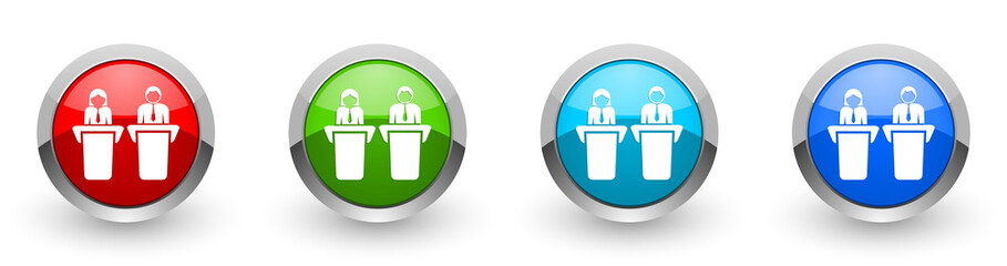 Aufkleber - Debate, business presentation web icons, set of silver metallic round buttons isolated on white background