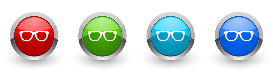 Aufkleber - Eyeglasses web icons, set of silver metallic round buttons isolated on white background