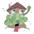 A green Boa constrictor with pound signs and percentage symbols squeezing a fearful cartoon house character. Showing the cost of living crisis and the squeeze on household budgets due to inflation.