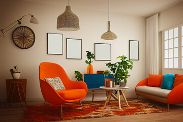 orange livingroom interior, abstract concept render, 4 framed posters, digital illustration, created with generative ai