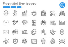 Graph Chart, Face Protection And Column Chart Line Icons. Collection Of Chemistry Lab, Seo Script, Calendar Icons. Medical Analyzes, Stay Home, Manual Web Elements. Fingerprint. Vector