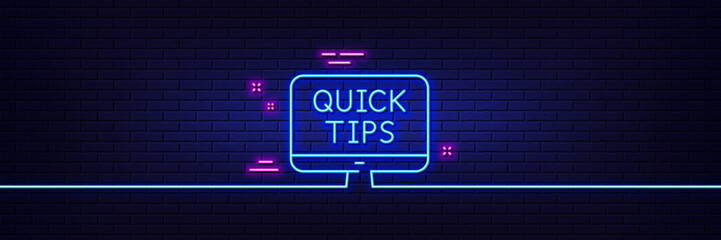 Poster - Neon light glow effect. Quick tips line icon. Helpful tricks sign. Web tutorials symbol. 3d line neon glow icon. Brick wall banner. Web tutorials outline. Vector
