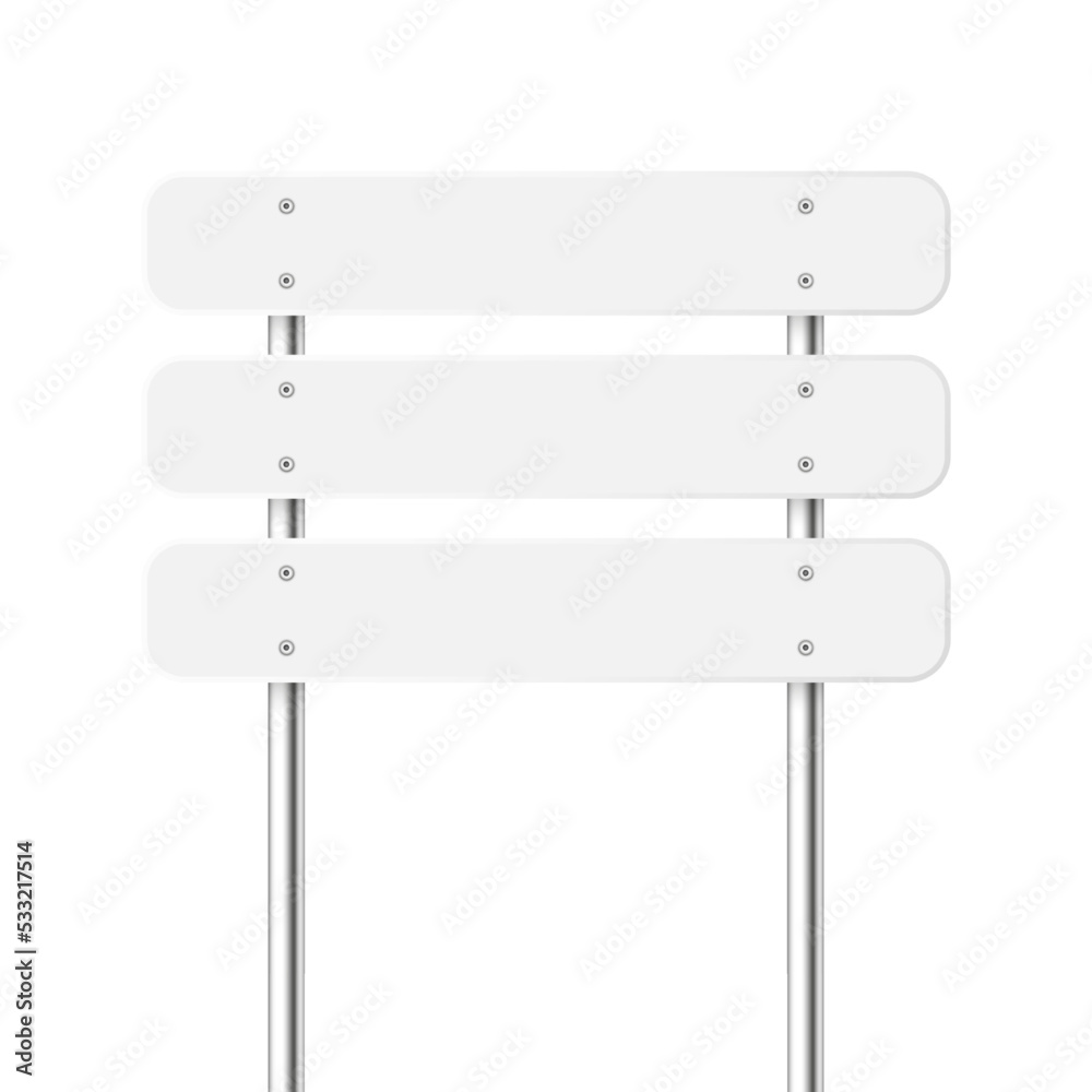 Road, traffic sign. Highway signboard on a chrome metal pole. Blank white board with place for text. Directional signage and wayfinder. Information sign mockup. Vector illustration.