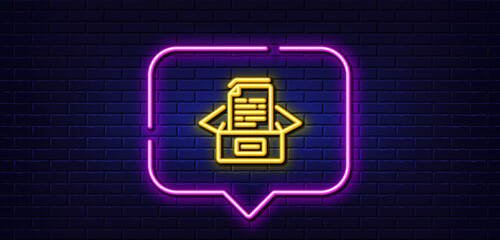 Poster - Neon light speech bubble. Documents box line icon. Doc files page sign. Office note symbol. Neon light background. Documents box glow line. Brick wall banner. Vector