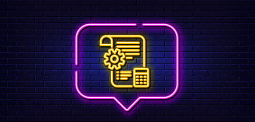 Wall Mural - Neon light speech bubble. Settings blueprint line icon. Engineering cogwheel tool sign. Cog gear symbol. Neon light background. Settings blueprint glow line. Brick wall banner. Vector