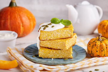 Canvas Print - Pumpkin and cottage cheese casserole bars. Delicious homemade autumn dish.