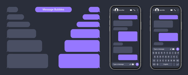 Realistic smartphone with messaging app. Blank SMS text frame. Conversation chat screen with violet message bubbles. Social media application. Vector illustration.