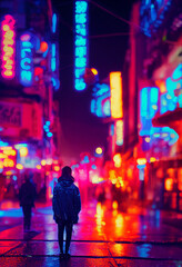 Wall Mural - Cyberpunk city, people walking on the street at night, neon lights, future