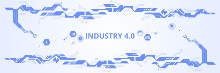 Wall Mural - Hi-tech digital technology and engineering theme Industry 4.0 intelligence technology with robotic arm. Smart industrial revolution in factory process, Isolated flat vector illustration background