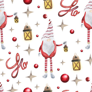 Watercolor seamless background with Cute Little Christmas Gnomes. New Year's gnomes in colorful green and red hats.