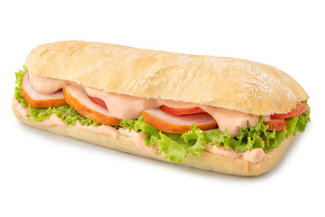 Big Ciabatta Sandwich with Bacon, Lettuce, Tomato and Sauces isolated on white background