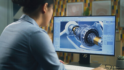 Poster - Asian female engineer drawing wind turbine 3D spare part in professional 3D modeling program on pc while working on project at home office