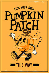 a vintage halloween decorated pumpkin patch farm sign with a jack o' lantern. vector illustration.