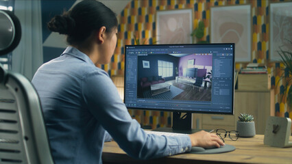 Poster - Female designer working remotely from home office and making 3D visualization of house interior in computer program using pc