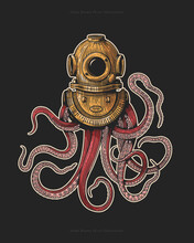 Octopus In A Diver's Helmet In Engraving Style. Vintage Nautical Symbol On A Dark Background. Vintage Vector Illustration For Postcard, Book Or Tattoo Design.
