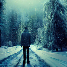 Lonely Man Walking In A Snowy Forest. High Quality Illustration