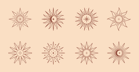 Wall Mural - Bundle of vector bohemian logo design templates with sun,moon,star and sunburst.Boho linear icons or symbols in trendy minimalist style.Modern celestial emblems.Branding designs templates.
