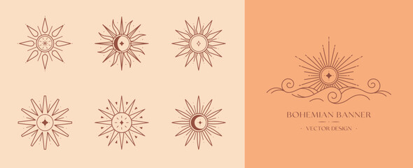 Wall Mural - Bundle of vector bohemian logo design templates with sun,moon and sunburst and sky.Boho linear icons or symbols in trendy minimalist style.Modern celestial emblems.Branding design templates.