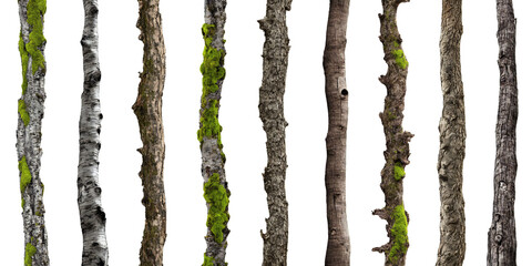 tree trunks, stems overgrown with lichen and moss isolated on white background