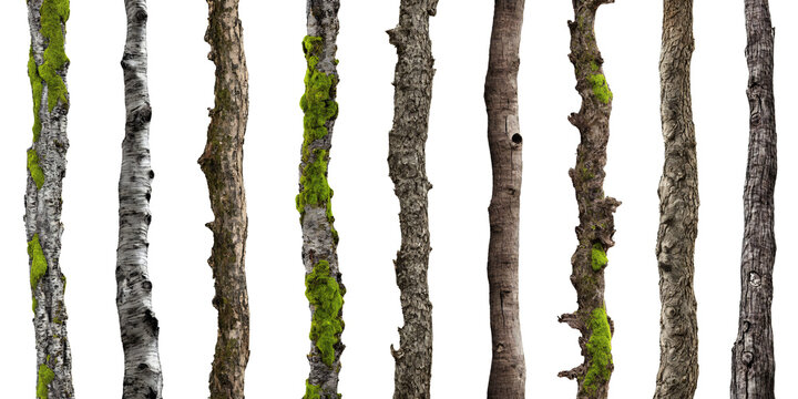 tree trunks, stems overgrown with lichen and moss isolated on white background