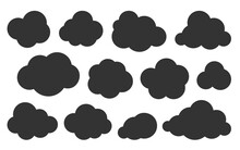 Clouds Black Silhouette Icon Set. Glyph Vector Symbol Of Weather, Database, Cloud Storage Or Network. Graphic Design Template For Web Interface. Overcast, Cleen Cloudy Sky Element Flat Sign Collection
