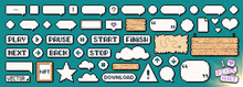 Pixel Art Frames. Retro Game UI Play Buttons, Speech Bubbles Messages And Quote Frames Vector Set