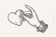 Hand Holding A Heart In Engraving Style. Vintage Symbol Of Love On A Light Background. Vintage Vector Illustration For Postcard, Book Or Tattoo Design.