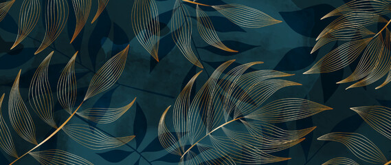 luxury abstract dark art background with tropical leaves in gold line art style. botanical banner wi