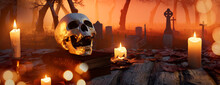 Skull And Candles On A Wood Tabletop In A Eerie Graveyard. Halloween Background.