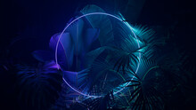 Trendy Background Design. Tropical Leaves With Green And Purple, Circle Shaped Neon Frame.