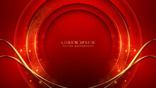 Gold Circle Frame With Golden Line, Ribbon, Sparkle Glowing Effect, Shine Dots, And Bokeh Elements On Red Background. Luxury Style Design Concept