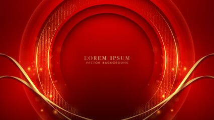 Canvas Print - Gold circle frame with golden line, ribbon, sparkle glowing effect, shine dots, and bokeh elements on red background. Luxury style design concept