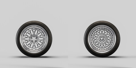 Wall Mural - Car wheels on white background. Isolated car tires with shiny rim from front view. 3d rendering