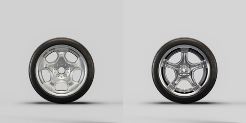 Wall Mural - Car wheels on white background. Isolated car tires with shiny rim from front view. 3d rendering