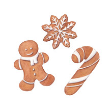Watercolor Gingerbread Cookies Set. Hand Drawn Illustration