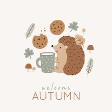 Cute Cartoon Hedgehog In Forest Vector Print In Flat Style. Cute Childish Character, Leaves, Cones, Mushrooms. Hedgehog Eats Cookies And Drinks Milk