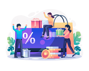 Wall Mural - Discount and Loyalty program concept. People receive a gift box, Discount, Loyalty card, rewards card points and bonuses Vector illustration in flat style